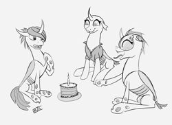 Size: 5500x4000 | Tagged: safe, artist:evan555alpha, ponybooru exclusive, oc, oc only, oc:cyanne, oc:sinyxstra, oc:yvette (evan555alpha), changeling, evan's daily buggo, birthday, birthday cake, blushing, cake, candle, changeling oc, dorsal fin, ears back, eyes closed, fangs, female, females only, flame, glasses, happy, jacket, long tongue, looking at each other, open mouth, raised hoof, raised leg, round glasses, signature, simple background, sitting, sketch, smiling, surprised, sweatdrop, tongue, tongue out, trio, white background