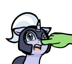 Size: 317x283 | Tagged: safe, artist:neuro, silver sable, oc, oc:anon, human, pony, unicorn, adorable distress, armor, blue eyes, boop, ears, female, floppy ears, guardsmare, helmet, horn, innocent guardsmares, mare, non-consensual booping, offscreen character, offscreen human, open mouth, royal guard, simple background, stunned, transparent background