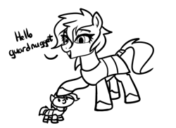 Size: 714x521 | Tagged: safe, artist:neuro, oc, oc only, earth pony, pony, armor, black and white, dialogue, duo, earth pony oc, female, grayscale, guardsmare, hoof shoes, mare, monochrome, open mouth, petting, royal guard, tail wrap