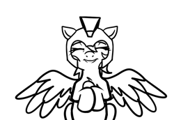 Size: 1040x717 | Tagged: safe, artist:neuro, oc, oc only, pegasus, pony, armor, black and white, egg, eyes closed, female, grayscale, guardsmare, helmet, mare, monochrome, pegasus oc, royal guard, smiling, solo, spread wings, wings