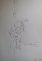 Size: 2283x3273 | Tagged: safe, artist:nick beard, oc, oc:sword glitter, pony, unicorn, armor, dialogue, female, guardsmare, hanging, hanging upside down, hoof shoes, horn, mare, open mouth, royal guard, snare, snare trap, solo, traditional art, unicorn oc, upside down