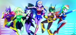 Size: 4200x1950 | Tagged: safe, artist:the-butch-x, applejack, fluttershy, pinkie pie, rainbow dash, rarity, twilight sparkle, human, equestria girls, adorkable, barbara gordon, batgirl, belt, boots, bowtie, bumblebee (dc), cape, clothes, commission, crossover, dc superhero girls, donna troy, dork, female, green lantern, hat, jessica cruz, mane six, mask, open mouth, shirt, shoes, skirt, suit, supergirl, tailcoat, top hat, wonder girl, zatanna