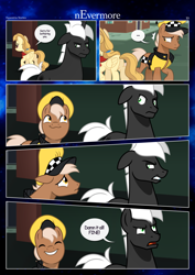 Size: 3259x4607 | Tagged: safe, artist:estories, derpibooru import, oc, oc only, oc:ace, oc:alice goldenfeather, oc:möbius, earth pony, pegasus, pony, unicorn, comic:nevermore, ..., :3, female, horn, male, mare, silly face, speech bubble, stallion, taxi pony, wings