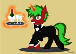 Size: 9362x6612 | Tagged: safe, artist:samsailz, derpibooru import, oc, unicorn, alcohol, bowtie, butler, glass, lineless, magic, necktie, solo, tray, waiter, wine, wine glass