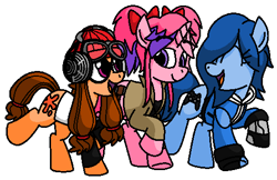 Size: 505x327 | Tagged: safe, artist:vgc2001, derpibooru import, pony, unicorn, clothes, controller, female, gloves, goggles, hammer, happy, hat, headphones, jacket, joystick, mare, meggy spletzer, meta runner, paint, ponified, ponytails, robotic arm, saiko, smg4, splatoon, tari, trotting