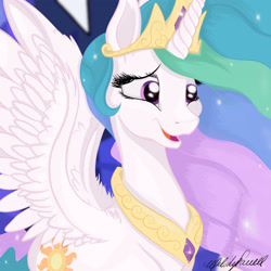 Size: 1920x1920 | Tagged: safe, artist:caliunicalien, derpibooru import, princess celestia, alicorn, pony, crown, cute, cutelestia, eyelashes, feather, female, jewelry, jpg, mare, open mouth, regalia, signature, solo, wings