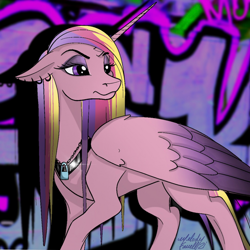 Size: 1024x1024 | Tagged: safe, artist:caliunicalien, derpibooru import, idw, princess cadance, alicorn, pony, reflections, spoiler:comic, ear piercing, earring, ears, evil cadance, female, floppy ears, graffiti, jewelry, jpg, lock, mare, necklace, padlock, piercing, signature