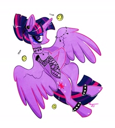 Size: 2020x2251 | Tagged: safe, artist:opalacorn, derpibooru import, twilight sparkle, twilight sparkle (alicorn), alicorn, pony, alternate hairstyle, anklet, chest fluff, ear piercing, earring, eyeshadow, female, goth, jewelry, makeup, mare, necklace, piercing, simple background, solo, spiked anklets, spiked wristband, tattoo, white background, wristband