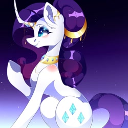 Size: 1080x1080 | Tagged: safe, artist:tessa_key_, derpibooru import, rarity, pony, unicorn, choker, colored, curved horn, female, gradient background, horn, horn jewelry, jewelry, makeup, mare, raised hoof, raised leg, smiling, solo