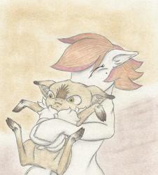 Size: 2329x2574 | Tagged: safe, artist:cindertale, derpibooru import, oc, oc only, deer, earth pony, pony, bust, chest fluff, deer oc, duo, earth pony oc, female, holding a pony, hug, male, mare, traditional art