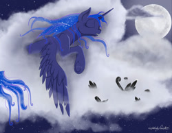 Size: 1600x1239 | Tagged: safe, artist:caliunicalien, derpibooru import, princess luna, alicorn, pony, cloud, eyes closed, feather, female, mare, moon, night, signature, sky, sleeping, solo, spread wings, stars, wings