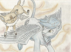 Size: 2855x2101 | Tagged: safe, artist:cindertale, derpibooru import, oc, oc only, alicorn, deer, pony, alicorn oc, duo, eyes closed, flying, horn, pegadeer, smiling, traditional art, wings