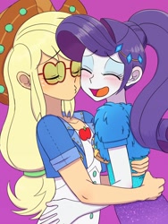 Size: 1620x2160 | Tagged: safe, artist:haibaratomoe, derpibooru import, applejack, rarity, equestria girls, blushing, boob squish, breasts, clothes, digital art, eyes closed, female, happy, jpg, kissing, lesbian, rarijack, shipping