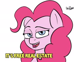 Size: 2079x1760 | Tagged: safe, artist:datzigga, derpibooru import, edit, pinkie pie, earth pony, pony, caption, female, image macro, jpg, looking at you, low effort, mare, meme, open mouth, ponified, ponified meme, smiling, solo, text, tim and eric