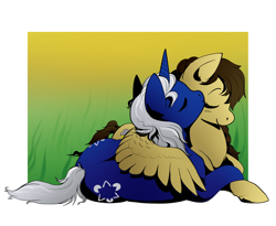 Size: 1470x1205 | Tagged: safe, artist:nynehells, derpibooru import, oc, oc only, oc:midnight sky, oc:stormwing breeze, pegasus, pony, unicorn, cuddling, eyes closed, female, hug, kissing, lesbian, mare, oc x oc, prone, shipping, winghug, wings