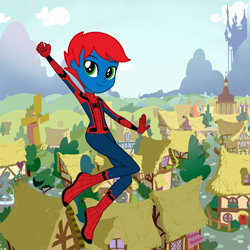 Size: 900x900 | Tagged: safe, artist:ry-bluepony1, derpibooru import, oc, oc:train track, human, equestria girls, base used, ponyville, show accurate, spider-man, swinging