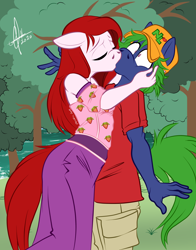 Size: 1800x2300 | Tagged: safe, artist:zcomic, derpibooru import, oc, oc only, anthro, earth pony, cap, clothes, digital art, duo, eyes closed, female, hat, kissing, male, oc x oc, pants, shipping, shirt, tail, tree