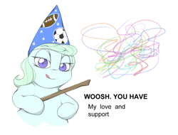 Size: 1084x823 | Tagged: safe, artist:lyrabop, derpibooru import, oc, oc only, oc:wizpone, earth pony, clothes, female, hat, looking at you, magic, mare, meme, ponified animal photo, shitposting, simple background, solo, text, tongue, tongue out, wand, white background, wizard hat