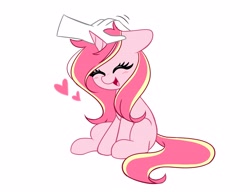 Size: 4096x3148 | Tagged: safe, artist:kittyrosie, derpibooru import, oc, oc only, oc:rosa flame, pony, unicorn, blushing, cute, eyes closed, female, floating heart, hand, heart, kittyrosie is trying to murder us, mare, open mouth, petting, simple background, solo focus, weapons-grade cute, white background