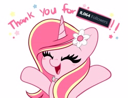 Size: 4096x3153 | Tagged: safe, artist:kittyrosie, derpibooru import, oc, oc only, oc:rosa flame, pony, unicorn, blushing, cute, eyes closed, followers, meta, open mouth, simple background, twitter, white background