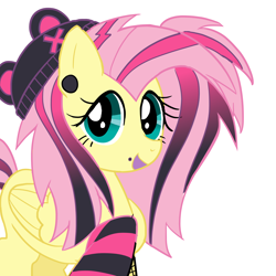 Size: 1920x1920 | Tagged: safe, artist:melonmilk, derpibooru import, fluttershy, pegasus, pony, arm warmers, beanie, black, clothes, emo, emoshy, female, fishnet clothing, fishnet stockings, hat, hot pink, leg warmers, looking at you, mare, open mouth, open smile, piercing, pink, scene, scene kid, simple background, smiling, smiling at you, snake bites, solo, white background