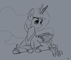 Size: 2742x2325 | Tagged: safe, artist:dark shadow, derpibooru import, princess celestia, twilight sparkle, alicorn, pony, unicorn, crown, cute, female, folded wings, hoof shoes, jewelry, lying down, mare, monochrome, peytral, regalia, twiggie, wings