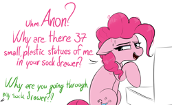 Size: 1784x1102 | Tagged: safe, artist:pinkberry, derpibooru import, pinkie pie, oc, oc:anonymous, earth pony, pony, brony, colored, dialogue, fanboy, offscreen character, sketch, solo, speech, talking, uncomfortable