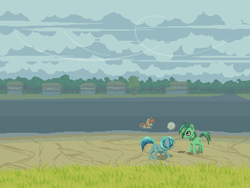 Size: 800x600 | Tagged: safe, artist:rangelost, derpibooru import, oc, oc only, earth pony, pony, ball, cloud, cloudy, cyoa:d20 pony, grass, house, lake, outdoors, swimming, tree, trio