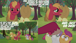 Size: 1280x720 | Tagged: safe, derpibooru import, edit, edited screencap, editor:quoterific, screencap, apple bloom, applejack, big macintosh, scootaloo, sweetie belle, earth pony, pegasus, pony, unicorn, ponyville confidential, angry, apple, apple bloom's bow, applejack is not amused, applejack's hat, big macintosh is not amused, bow, clothes, cowboy hat, cutie mark crusaders, eyes closed, female, filly, food, go away, hair bow, hat, male, mare, stallion, sweet apple acres, tree, unamused