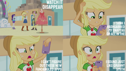 Size: 1280x720 | Tagged: safe, derpibooru import, edit, edited screencap, editor:quoterific, screencap, applejack, rarity, vignette valencia, better together, equestria girls, rollercoaster of friendship, applejack's hat, blushing, boots, bracelet, cellphone, clothes, cowboy boots, cowboy hat, crossed arms, denim skirt, dress, female, geode of shielding, geode of super strength, hat, high heels, jewelry, magical geodes, mannequin, necklace, open mouth, phone, rarity peplum dress, shoes, skirt, smartphone, smiling