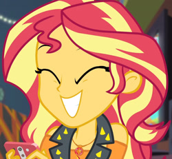 Size: 2075x1920 | Tagged: safe, derpibooru import, screencap, sunset shimmer, better together, costume conundrum, equestria girls, cellphone, clothes, cropped, cute, cutie mark, cutie mark on clothes, eyes closed, female, geode of empathy, jacket, jewelry, leather, leather jacket, magical geodes, necklace, phone, shimmerbetes, smartphone, smiling, solo