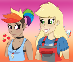 Size: 1959x1660 | Tagged: safe, artist:dyonys, derpibooru import, applejack, rainbow dash, human, appledash, blushing, bra, bust, choker, clothes, cutie mark, dark skin, ear piercing, earring, female, freckles, jewelry, lesbian, looking at each other, mohawk, overalls, piercing, ponytail, shipping, smiling, underwear