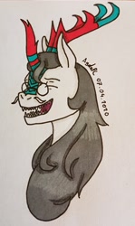 Size: 1800x3013 | Tagged: safe, artist:agdapl, derpibooru import, kirin, bust, crossover, glasses, horn, kirin-ified, male, medic, open mouth, signature, smiling, solo, species swap, team fortress 2, traditional art