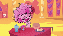Size: 1280x720 | Tagged: safe, derpibooru import, screencap, pinkie pie, earth pony, pony, my little pony: pony life, princess probz, bipedal, crossed arms, egg, eyes closed, female, food, hairnet, open mouth, solo, volumetric mouth