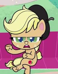 Size: 536x683 | Tagged: safe, derpibooru import, screencap, applejack, earth pony, pony, how applejack got her hat back, my little pony: pony life, bench, beret, breaking the fourth wall, cropped, hat, open mouth, sitting, solo