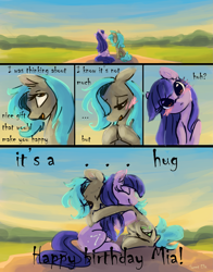 Size: 1725x2199 | Tagged: safe, artist:elisdoominika, derpibooru import, oc, oc:cosmia nebula, oc:sweet elis, earth pony, pony, birthday, birthday gift, blushing, comic, cuddling, cute, happy birthday, hug, scenery, smiling, sunset, wholesome