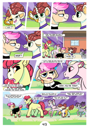 Size: 2100x3000 | Tagged: safe, artist:loryska, derpibooru import, apple bloom, oc, oc:clarabelle, oc:conundrum solar flare, oc:niko, oc:plumeria, hybrid, pony, zony, comic:friendship grows, adopted offspring, ear fluff, ears, leonine tail, magical lesbian spawn, offspring, older, parent:derpy hooves, parent:doctor whooves, parent:quibble pants, parent:rainbow dash, parent:sweetie belle, parents:doctorderpy, parents:quibbledash, round glasses, thick eyebrows, unshorn fetlocks