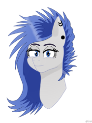 Size: 569x759 | Tagged: safe, artist:yukine001, derpibooru import, oc, oc only, oc:aqua, earth pony, bust, commission, digital art, earth pony oc, eyebrows, eyelashes, female, mare, piercing, simple background, smiling, solo