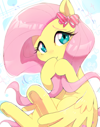 Size: 1337x1695 | Tagged: safe, artist:nendo, derpibooru import, fluttershy, pegasus, pony, blushing, bow, cute, daaaaaaaaaaaw, ear bow, female, looking at you, mare, shyabetes, solo, sweat, sweatdrop, underhoof