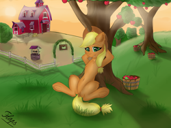 Size: 3984x3000 | Tagged: safe, artist:flapstune, derpibooru import, applejack, earth pony, pony, apple, apple tree, arm behind head, barn, bucket, dock, female, food, frog (hoof), grass, hat, looking at you, mare, relaxing, signature, sitting, sky, smiling, smiling at you, solo, sun, sweet apple acres, tree, underhoof