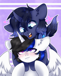 Size: 2000x2500 | Tagged: oc name needed, safe, artist:etoz, derpibooru import, oc, oc only, alicorn, pony, unicorn, alicorn oc, blushing, commission, female, happy, horn, hug, mare, open mouth, smiling, tsundere, unicorn oc, wingding eyes, wings, ych result