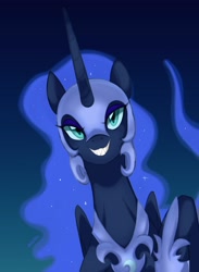 Size: 748x1024 | Tagged: safe, artist:maren, derpibooru import, nightmare moon, alicorn, pony, bust, evil grin, female, grin, looking at you, mare, portrait, sharp teeth, smiling, smiling at you, solo, teeth