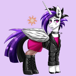 Size: 1900x1900 | Tagged: safe, artist:zachc, derpibooru import, princess celestia, alicorn, pony, alternate hairstyle, boots, choker, clothes, horn, jacket, leather jacket, punklestia, shoes, simple background, solo, spiked choker, wings