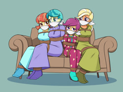 Size: 1600x1200 | Tagged: safe, artist:nivek15, derpibooru import, aunt holiday, auntie lofty, mane allgood, scootaloo, equestria girls, bondage, bound and gagged, cloth gag, clothes, equestria girls-ified, footed sleeper, footie pajamas, gag, nightgown, onesie, otn gag, over the nose gag, pajamas, rope, rope bondage, sitting, sleepover, slumber party, socks, sofa, tied up