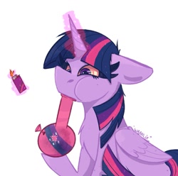 Size: 1261x1253 | Tagged: safe, artist:waanlix, derpibooru import, twilight sparkle, twilight sparkle (alicorn), alicorn, pony, bong, drugs, highlight sparkle, lighter, red eyes, solo