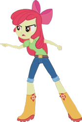Size: 1072x1600 | Tagged: safe, artist:therandomone95, derpibooru import, edit, edited screencap, screencap, apple bloom, equestria girls, rainbow rocks, angry, apple bloom's bow, background removed, belt, boots, bow, clothes, cropped, hair bow, jeans, pants, pointing, shirt, shoes, simple background, solo, transparent background