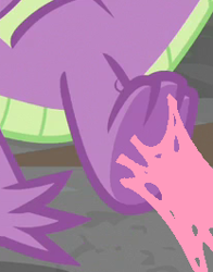 Size: 208x265 | Tagged: safe, derpibooru import, edit, edited screencap, screencap, spike, dragon, school raze, bubblegum, chewing gum, claws, cropped, feet, food, gum, legs, male, male feet, pictures of legs, solo, sticky, stuck, toes, underfoot, winged spike