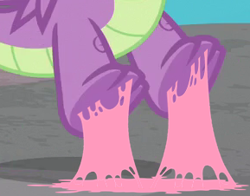 Size: 289x226 | Tagged: safe, derpibooru import, edit, edited screencap, screencap, spike, dragon, a matter of principals, bubblegum, chewing gum, claws, close-up, cropped, feet, food, gum, legs, male, pictures of legs, solo, sticky, stuck, toes, underfoot, winged spike