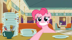 Size: 1280x720 | Tagged: safe, derpibooru import, screencap, pinkie pie, the saddle row review, dishes, fat, grin, nervous, nervous grin, obese, piggy pie, pudgy pie, restaurant, smiling, solo
