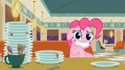 Size: 1280x720 | Tagged: safe, derpibooru import, screencap, pinkie pie, the saddle row review, dishes, ears, fat, floppy ears, grin, nervous, nervous grin, obese, piggy pie, pudgy pie, restaurant, smiling, solo